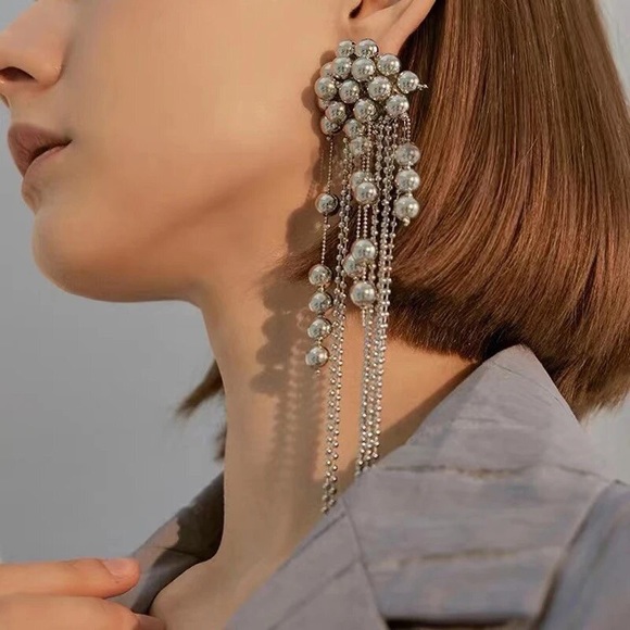 Zara EDGE NYC Uneven Chunky Dangle Mercury Pearl Pin Earrings long - Picture 11 of 16